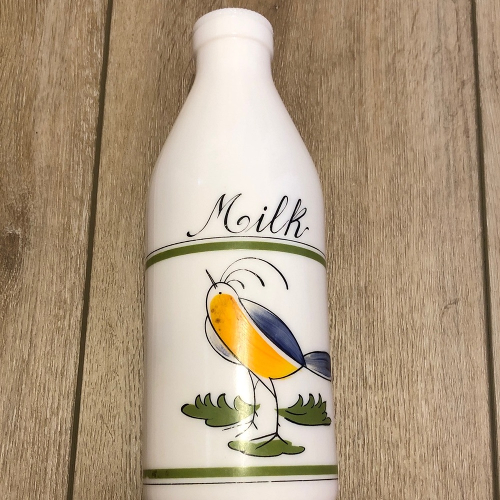 Vintage Egizia Italy White Ceramic Milk Bottle Decorative Yellow & Blue Bird